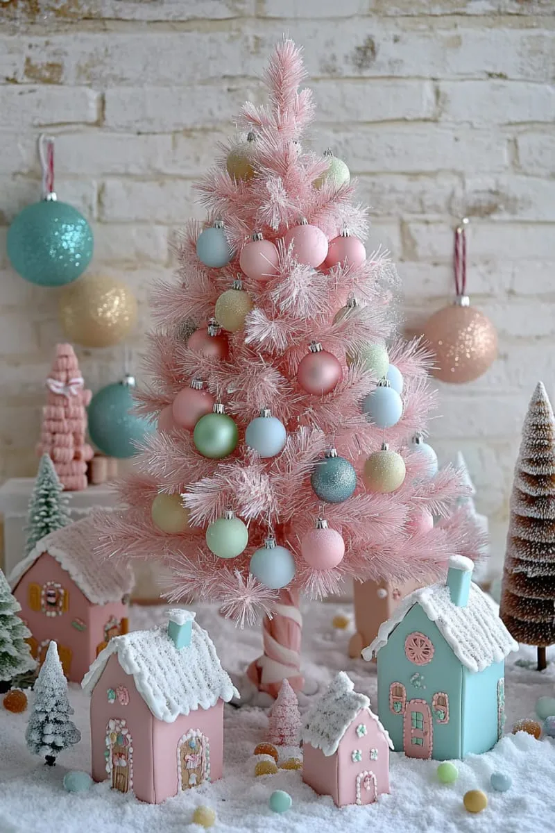 pink christmas tree surrounded by a village of pastel gingerbread houses 1