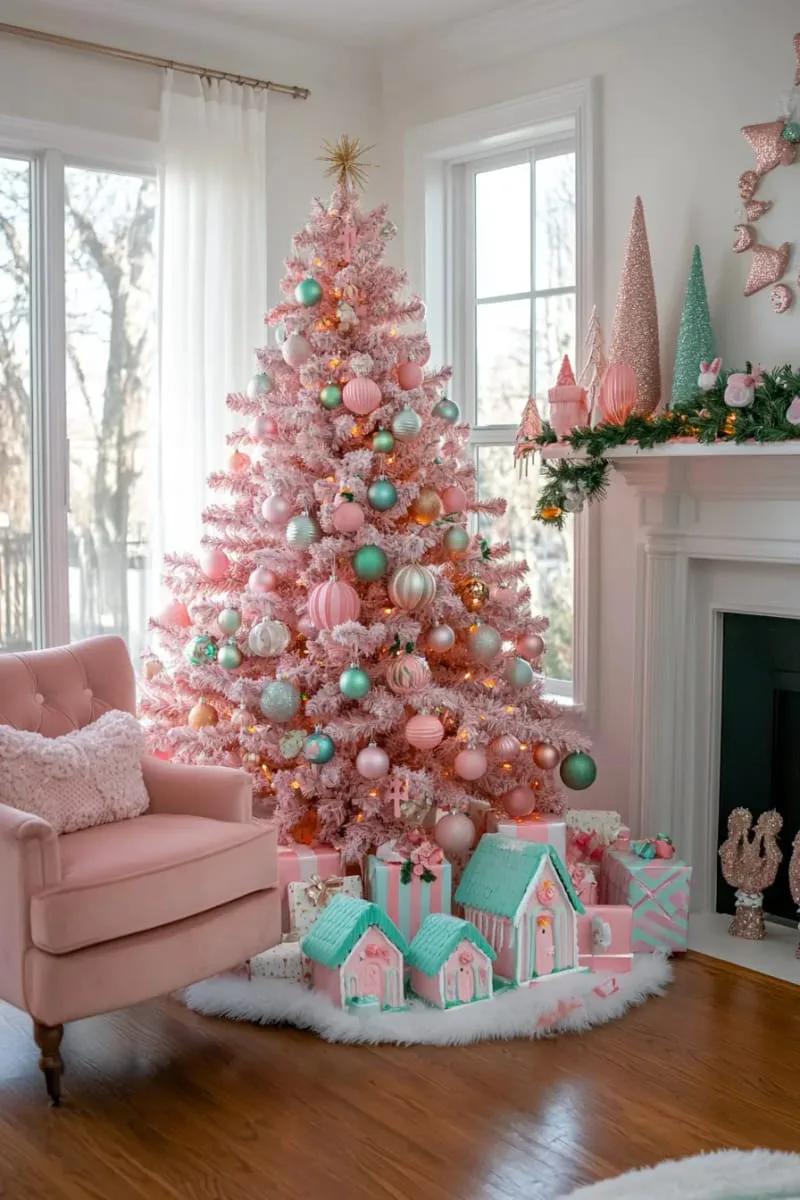 pink christmas tree surrounded by a village of pastel gingerbread houses 1