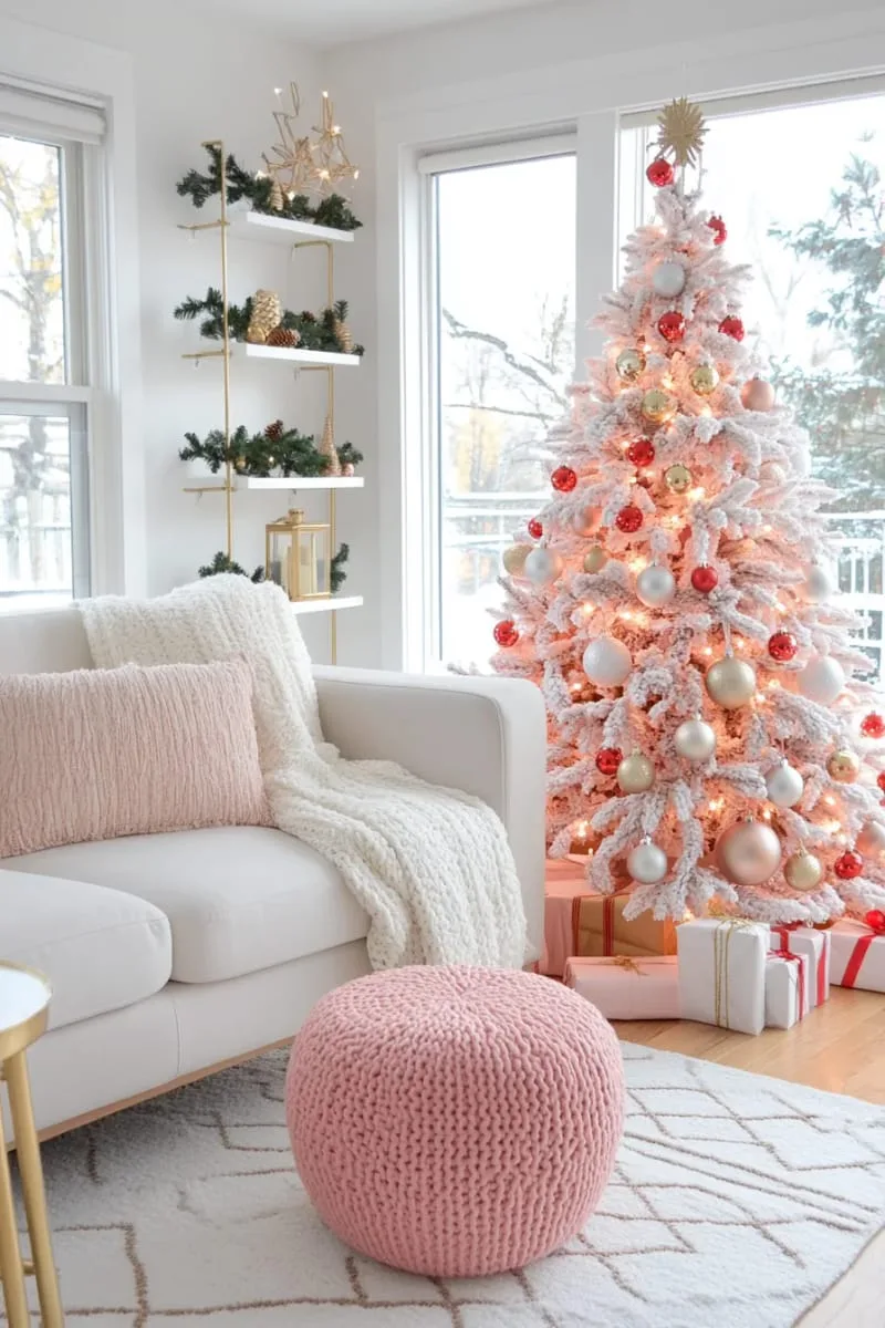 pink christmas tree with classic red, white, and gold ornaments 1