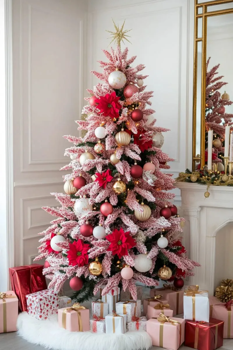 pink christmas tree with classic red, white, and gold ornaments 1