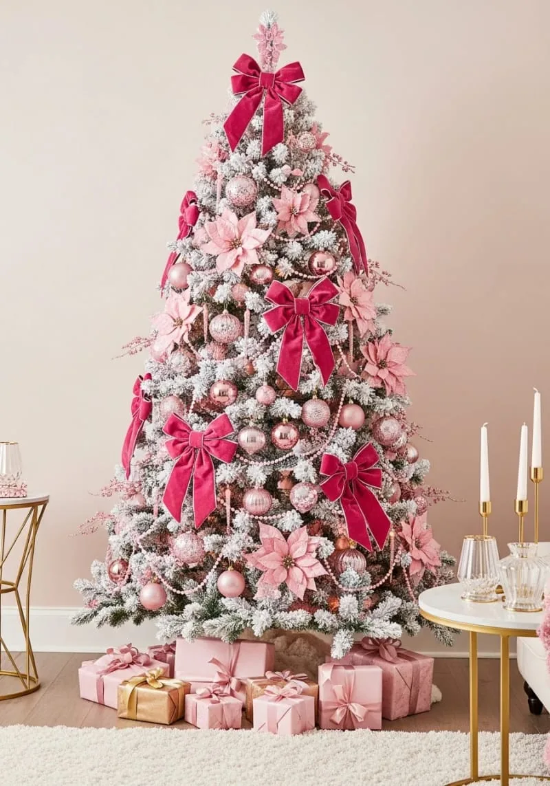 pink flocked tree decorated with oversized velvet bows and blush poinsettias 1