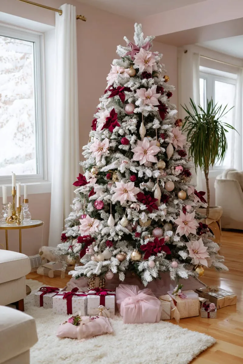 pink flocked tree decorated with oversized velvet bows and blush poinsettias 1