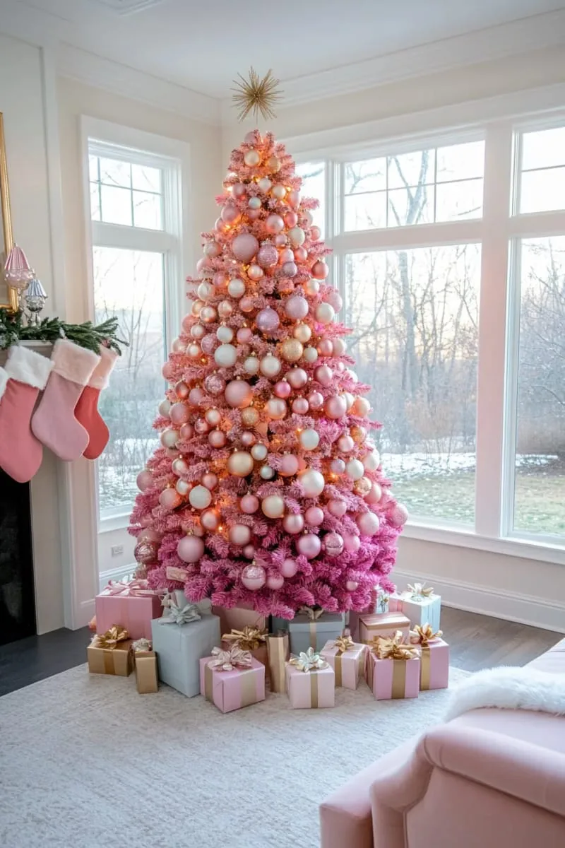 pink ombré christmas tree with gradient baubles and pastel-wrapped presents underneath 1