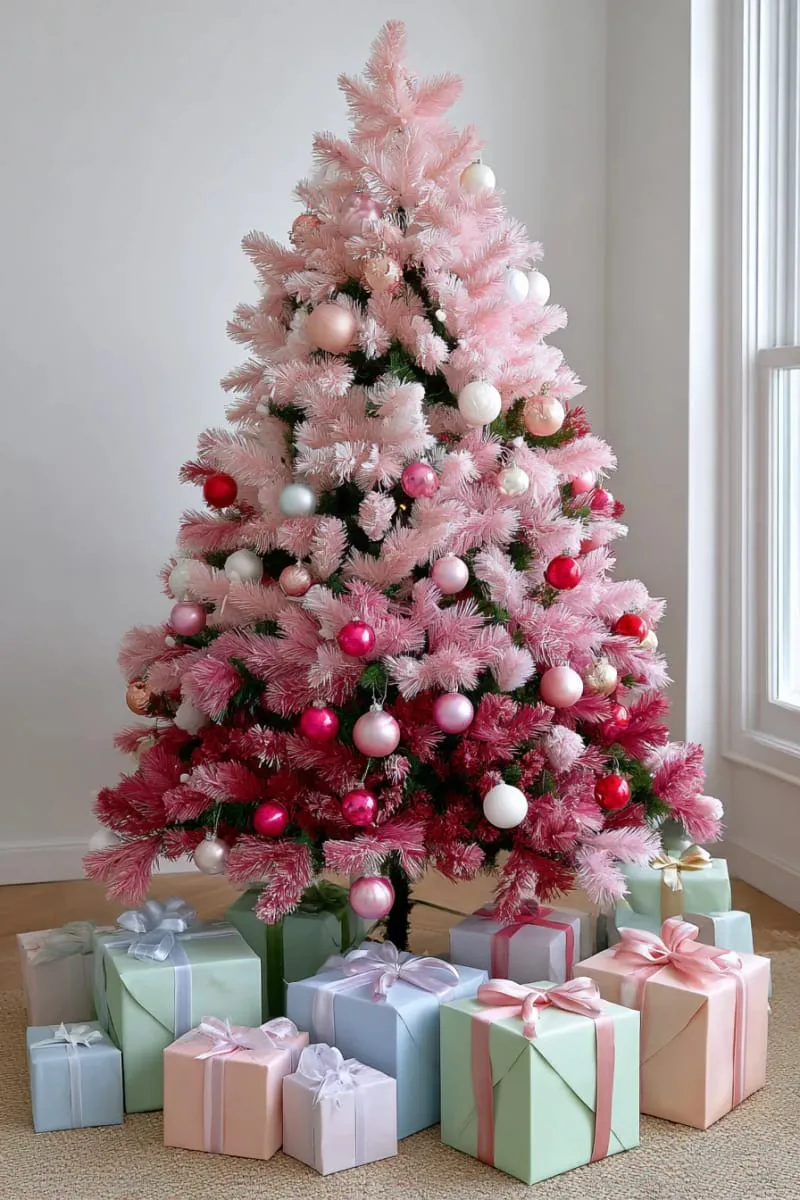 pink ombré christmas tree with gradient baubles and pastel-wrapped presents underneath 1