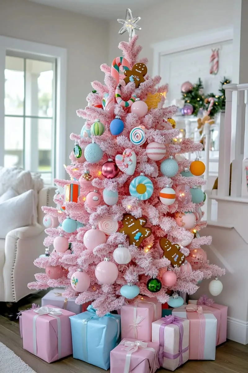 pink tree adorned with pastel candy ornaments and faux gingerbread cookies 1