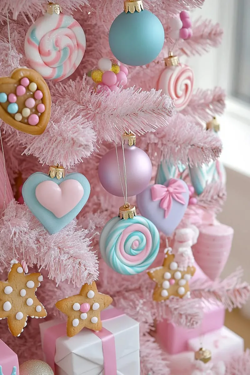 pink tree adorned with pastel candy ornaments and faux gingerbread cookies 1