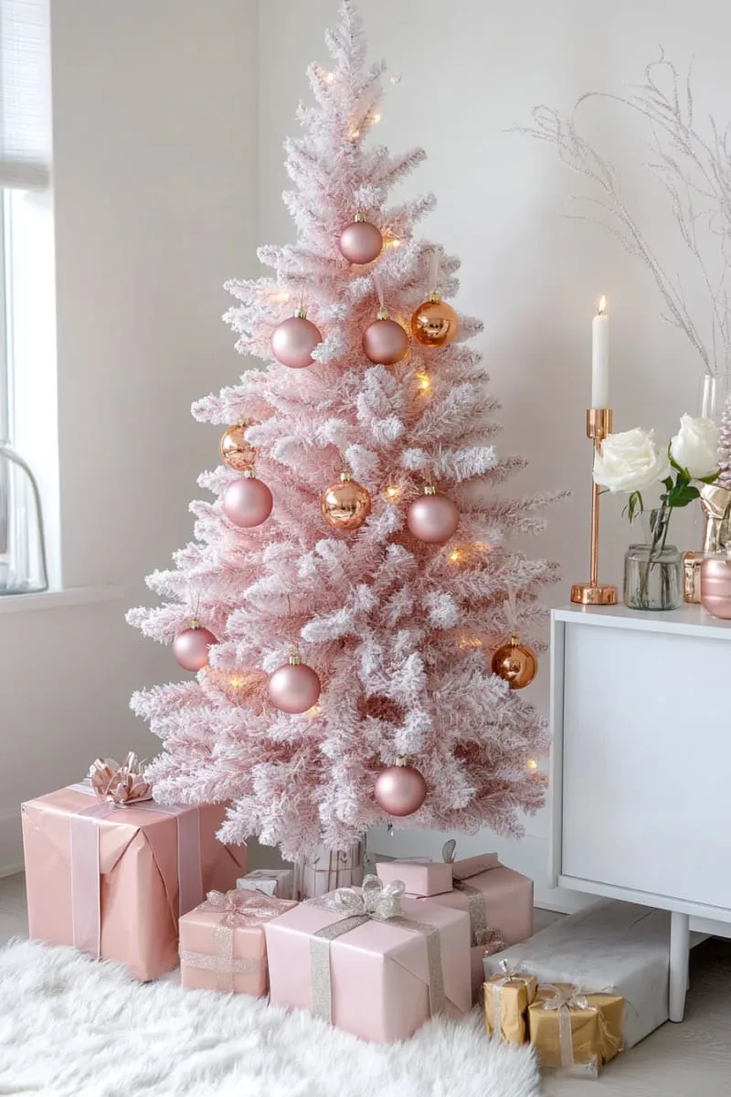 pink tree decorated with only rose gold baubles and fairy lights 1