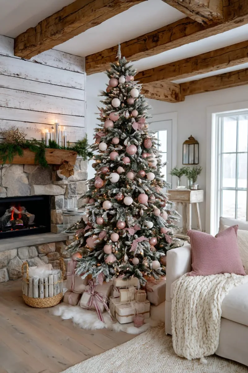 pink tree decorated with only rose gold baubles and fairy lights 1