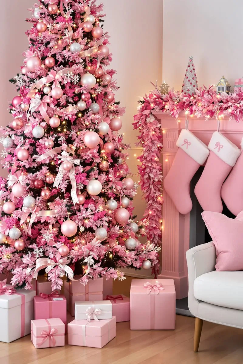 pink tree paired with a matching pink fireplace garland and stockings 1