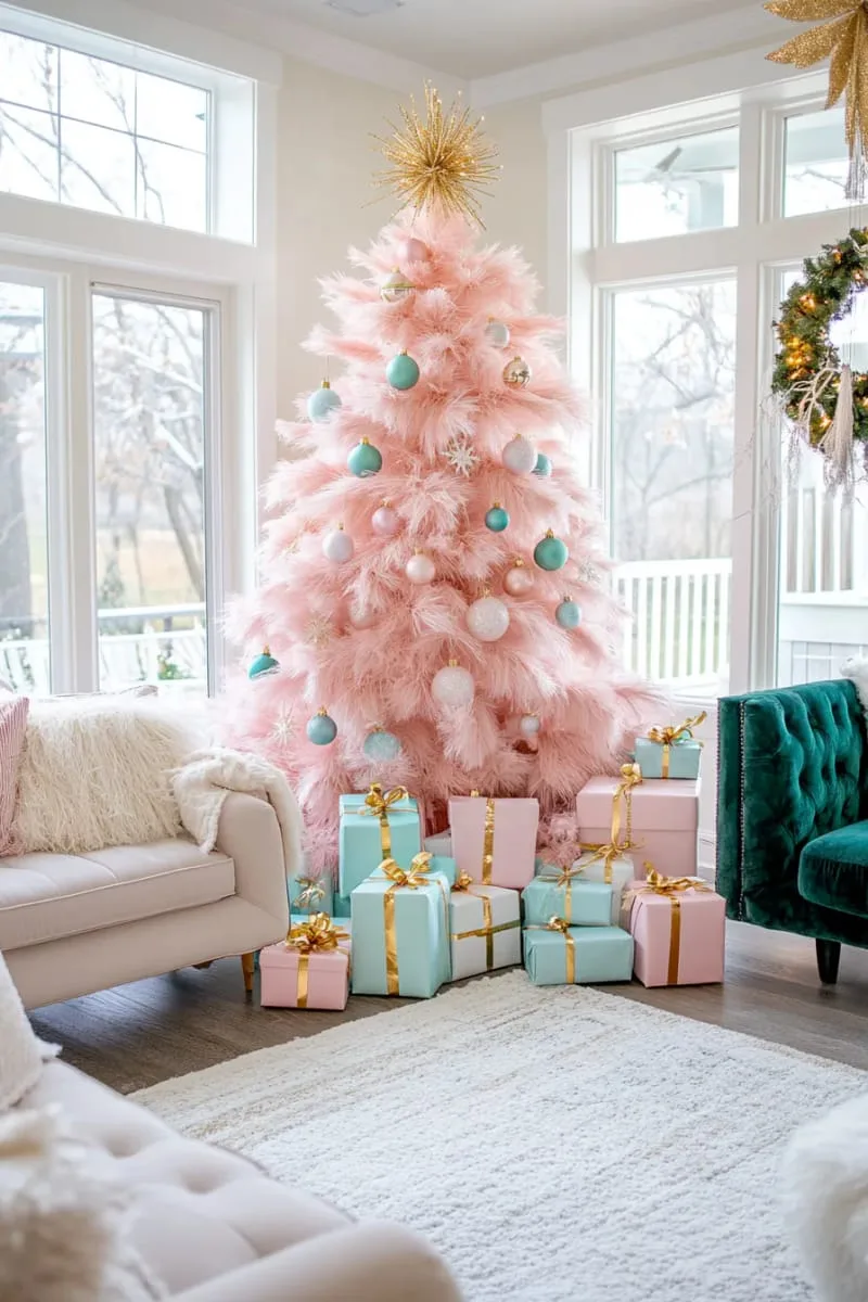 pink tree surrounded by pastel gift boxes stacked in geometric arrangements 1