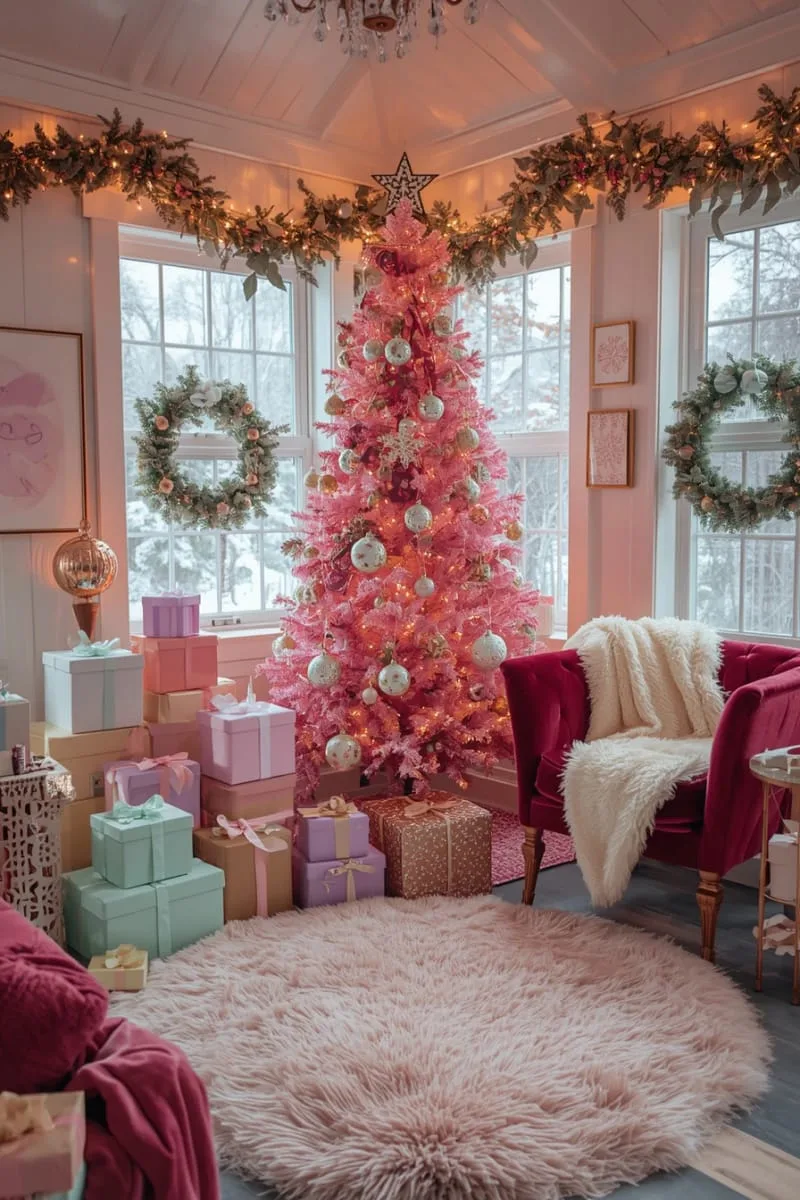 pink tree surrounded by pastel gift boxes stacked in geometric arrangements 1