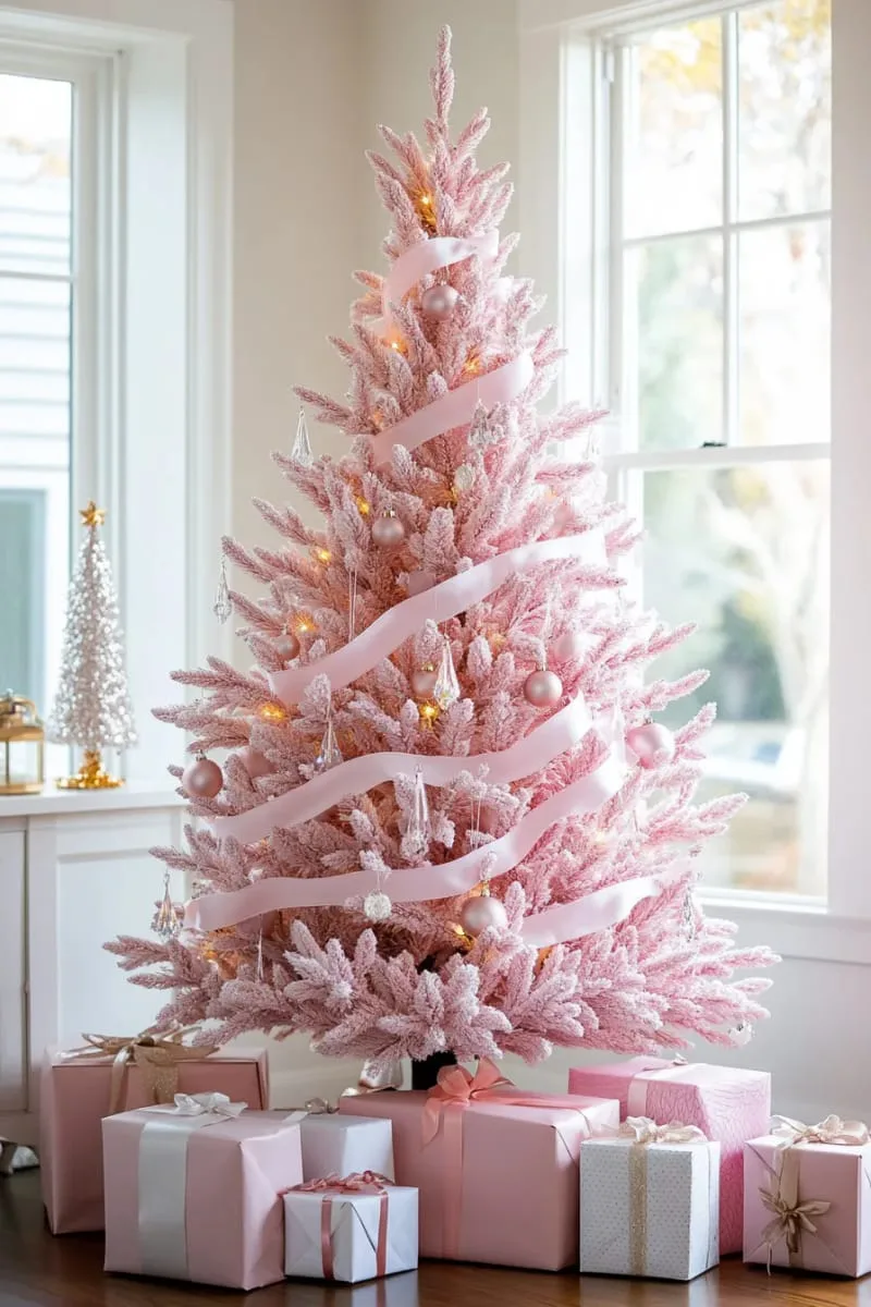 pink tree with cascading ribbon waterfall and crystal drops 1