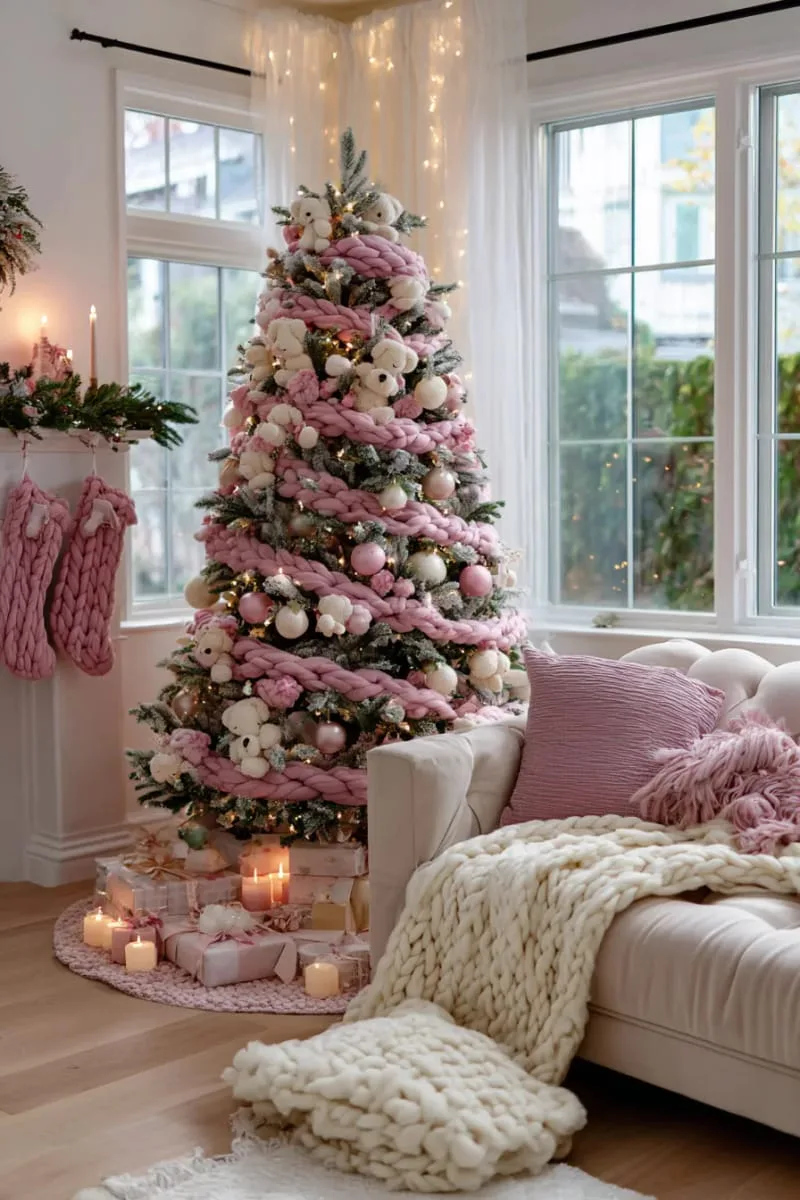 pink tree with cozy knit garlands and plush teddy bear ornaments 1