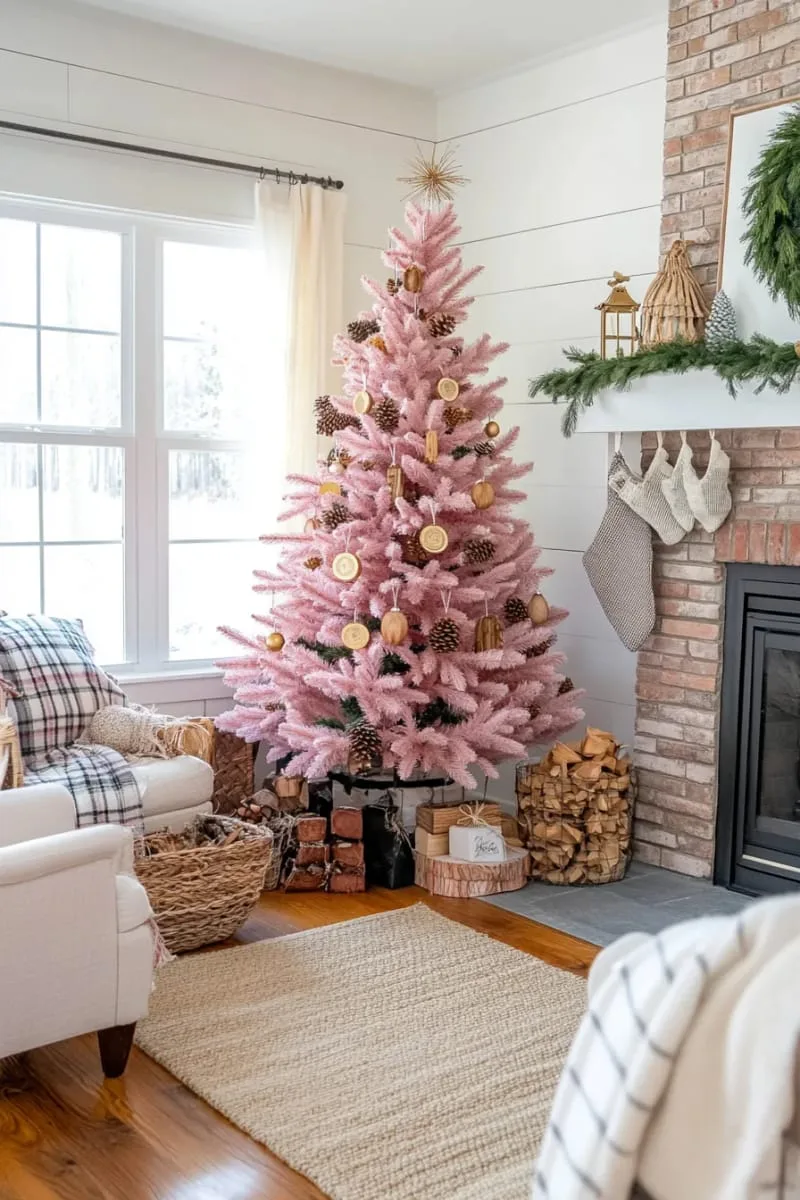 pink tree with natural pinecones, dried orange slices, and wooden beads 1