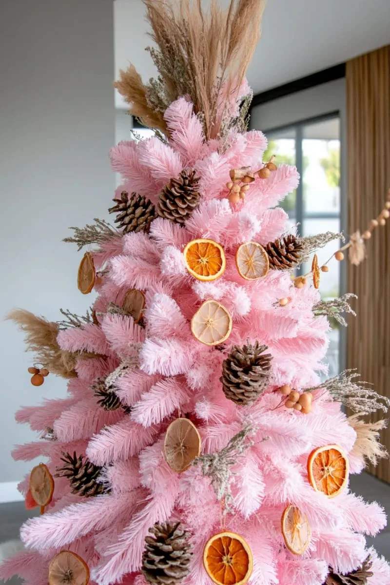 pink tree with natural pinecones, dried orange slices, and wooden beads 1