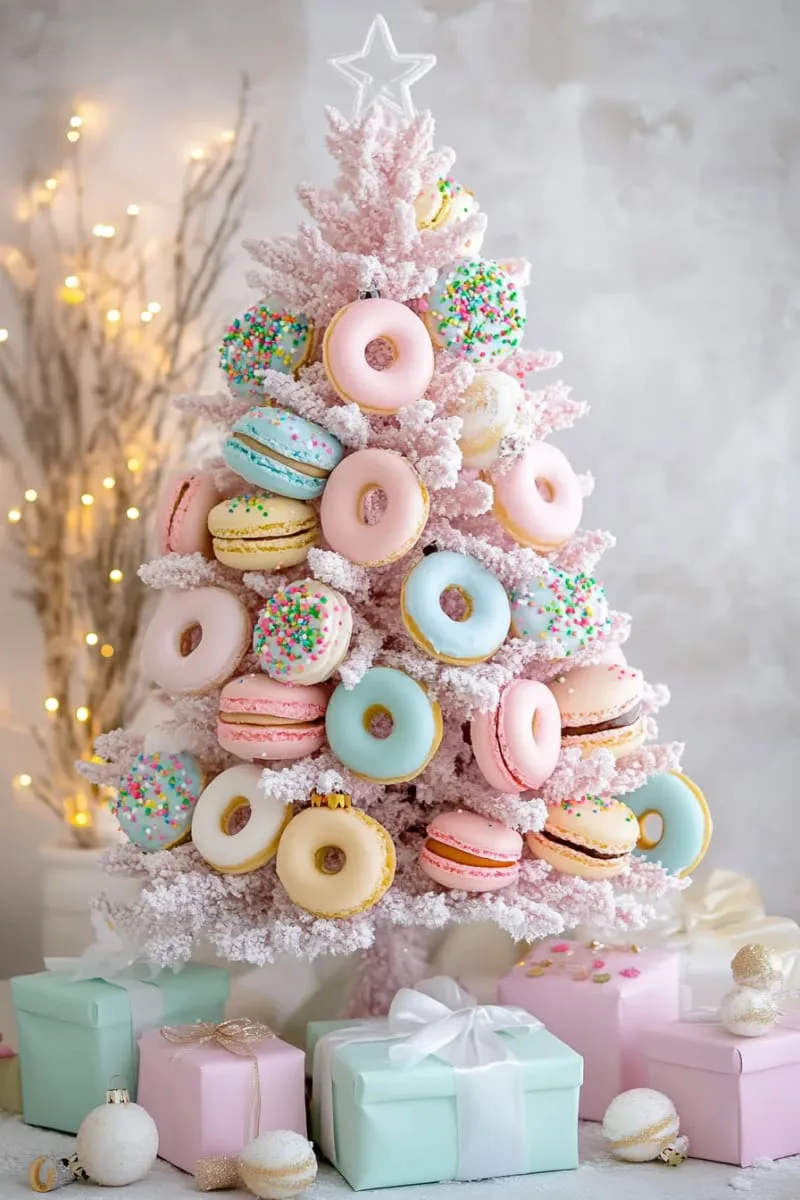 pink tree with whimsical pastel macarons and faux sprinkle donuts 1