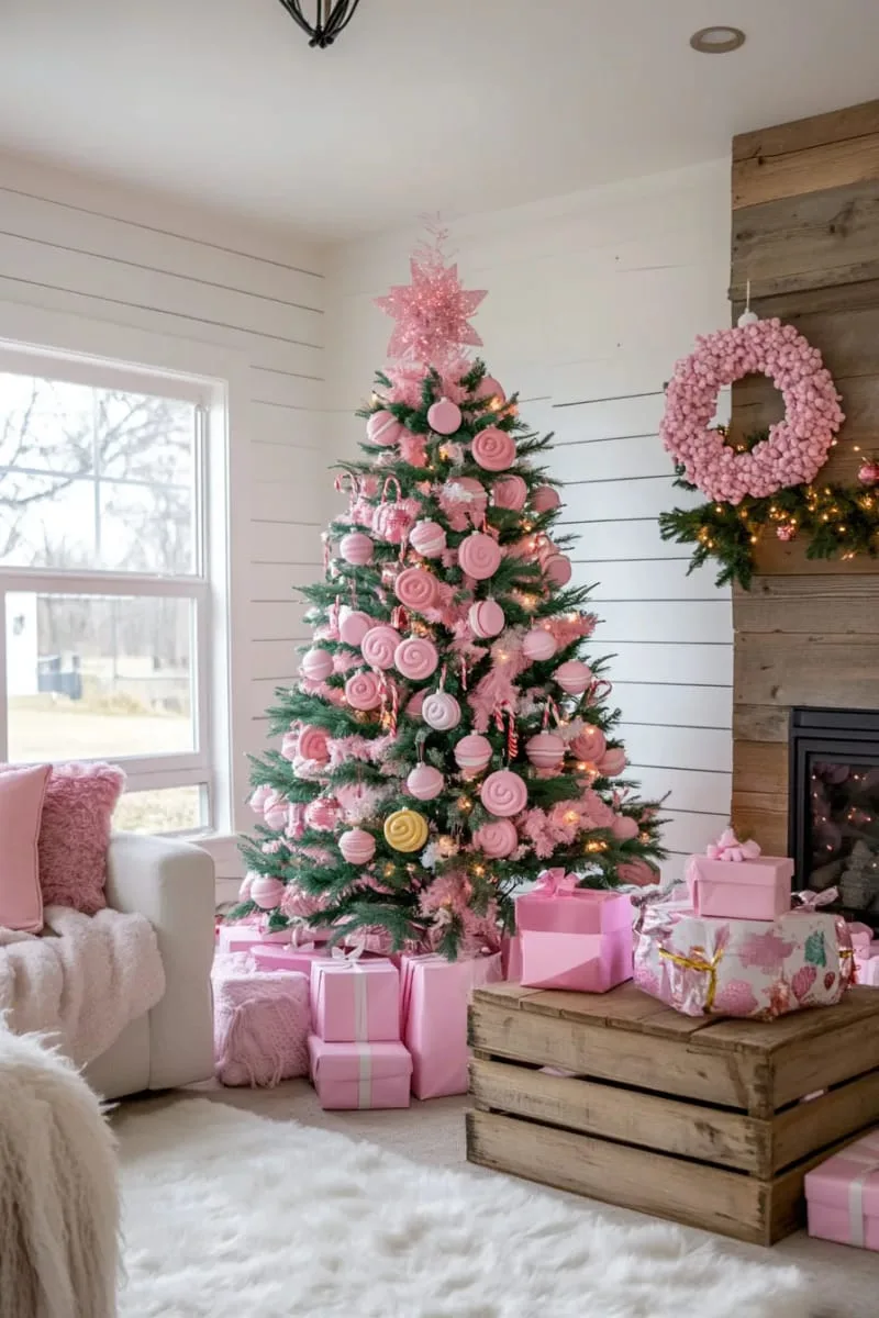 pink tree with whimsical pastel macarons and faux sprinkle donuts 1