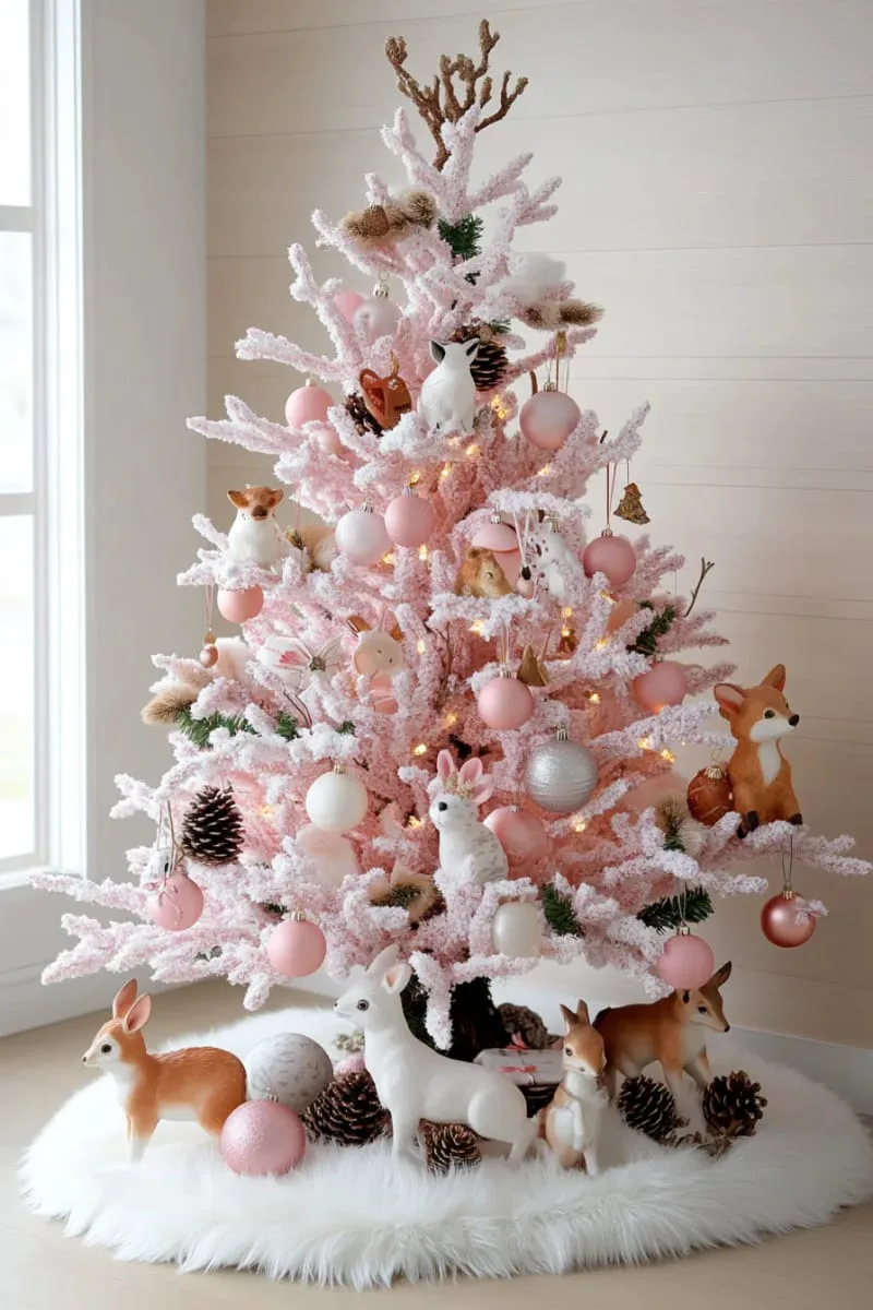 pink woodland tree with faux fur garlands and woodland animal figurines 1