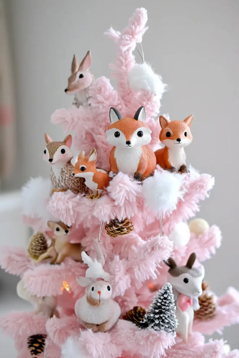 pink woodland tree with faux fur garlands and woodland animal figurines 1