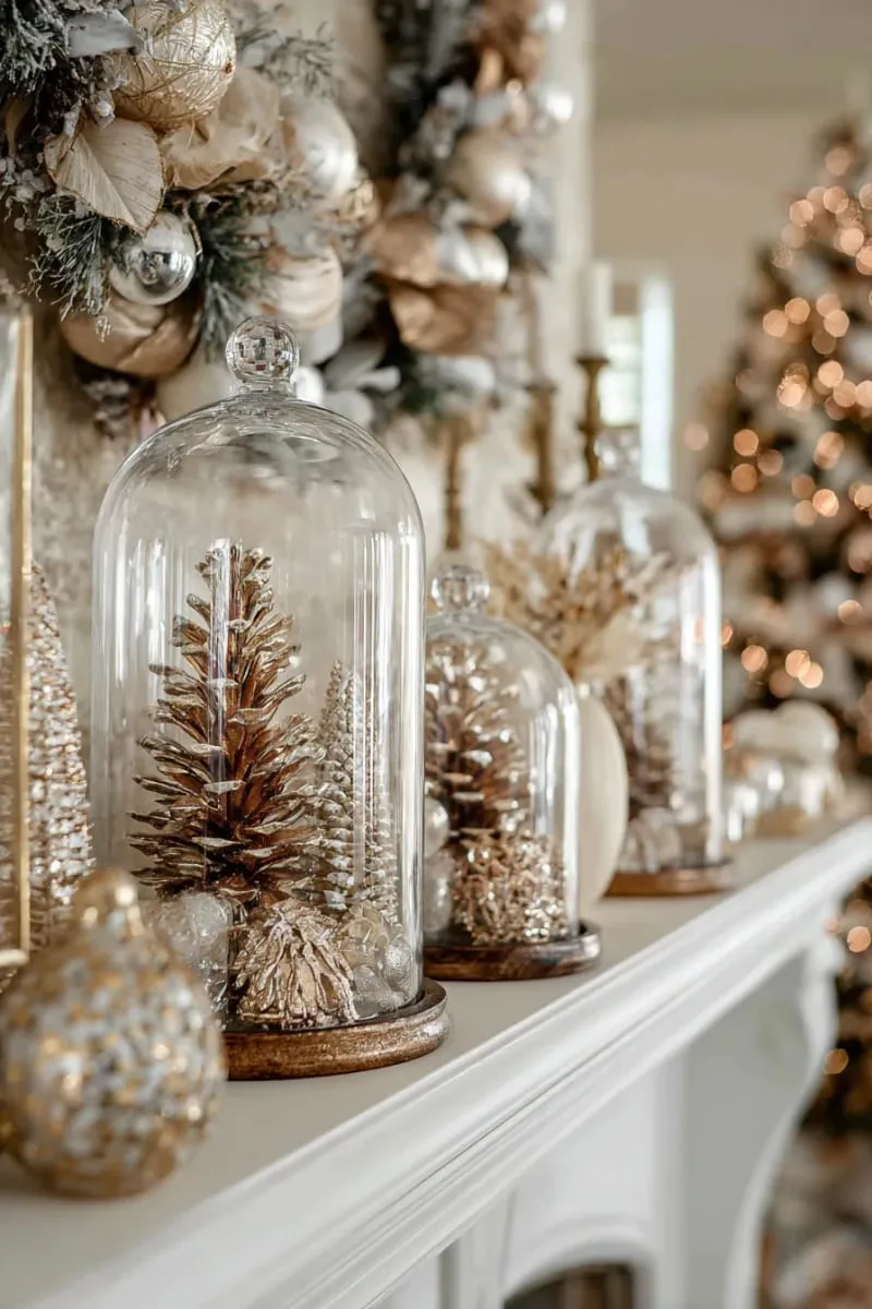 place gold and bronze metallic pinecones inside glass cloches on the mantel. 1