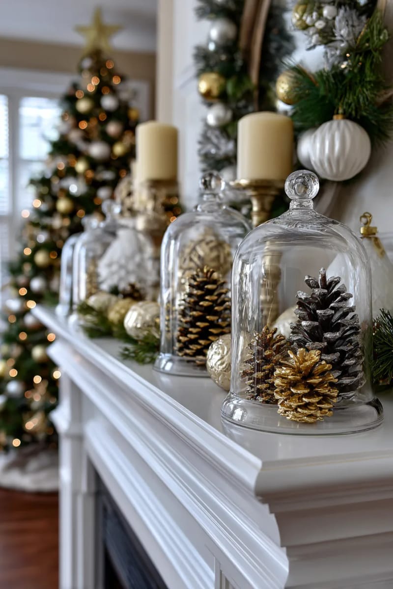 place gold and bronze metallic pinecones inside glass cloches on the mantel. 1
