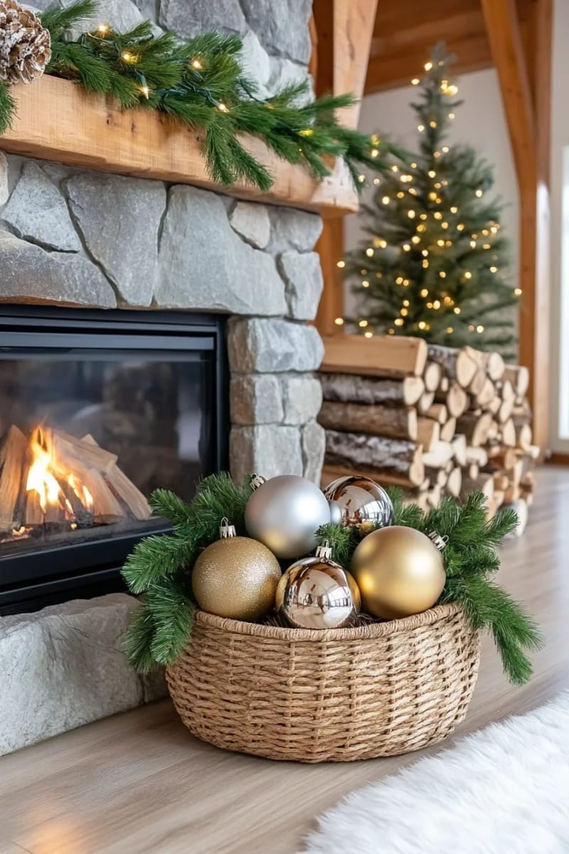 place oversized metallic ornaments in a rustic woven basket by the fireplace. 1