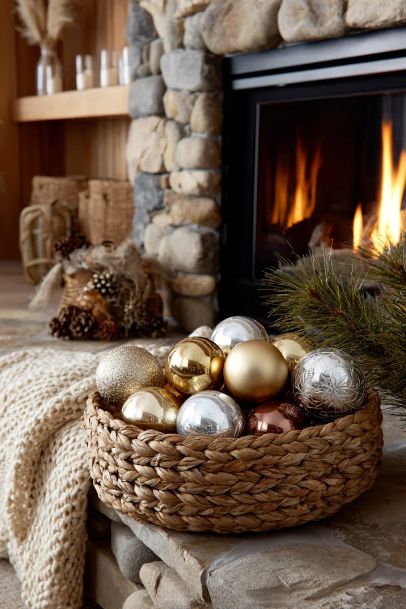 place oversized metallic ornaments in a rustic woven basket by the fireplace. 1