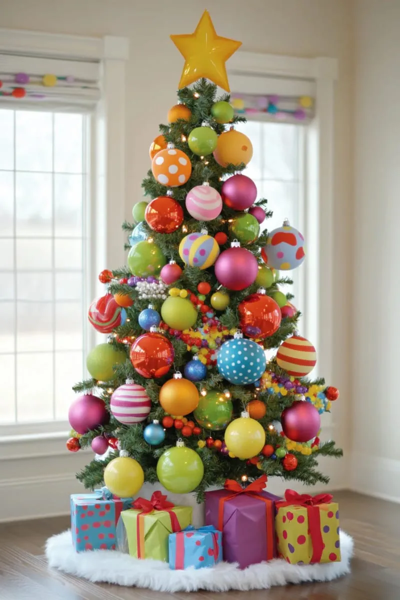 21 Whimsical Colorful Christmas Trees That Wow! 43 polka dot themed tree with large colorful spots and playful garlands 1