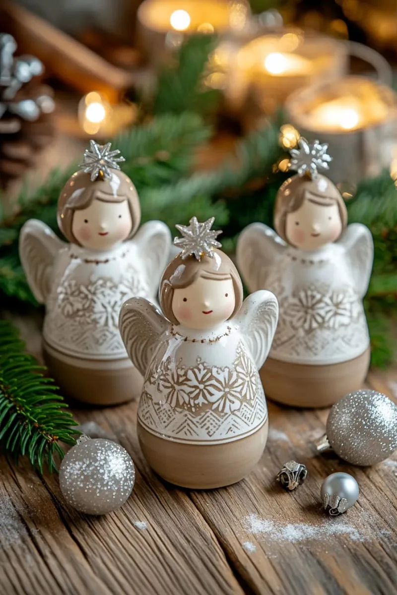 pottery angel figurines with flowing robes and stamped snowflake patterns 1