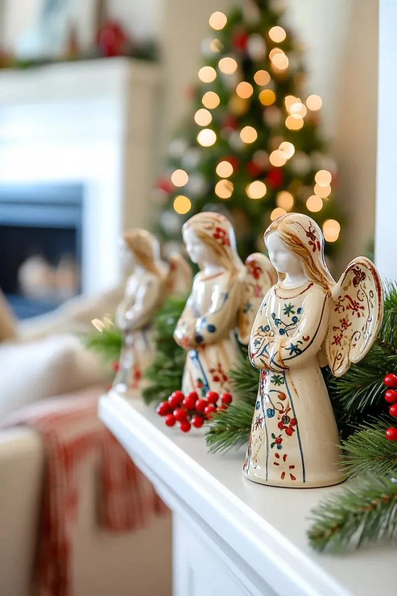 pottery angel figurines with flowing robes and stamped snowflake patterns 1