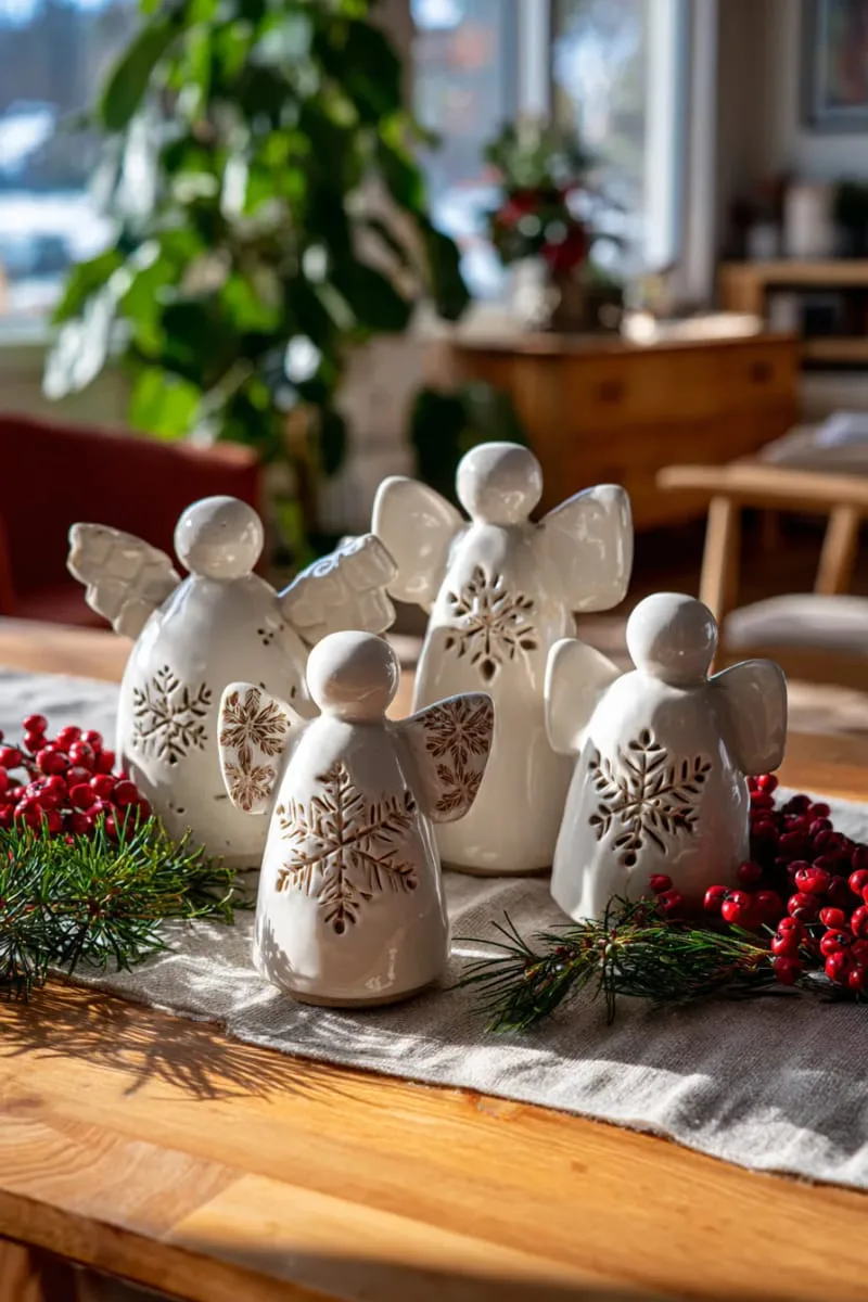 pottery angel figurines with flowing robes and stamped snowflake patterns 1