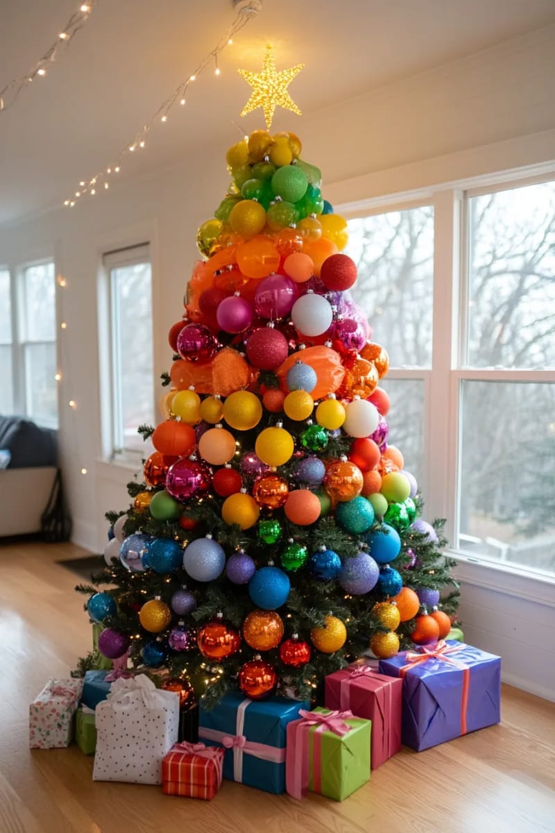 rainbow tree with ornaments organized in vertical color stripes 1