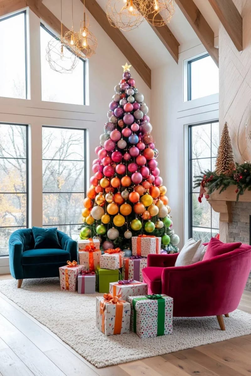 rainbow tree with ornaments organized in vertical color stripes 1