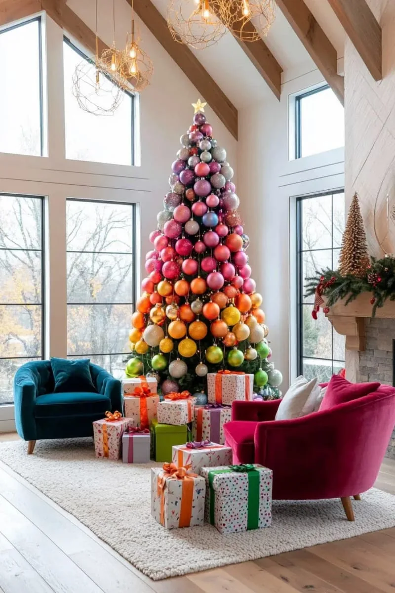 21 Whimsical Colorful Christmas Trees That Wow! 30 rainbow tree with ornaments organized in vertical color stripes 1