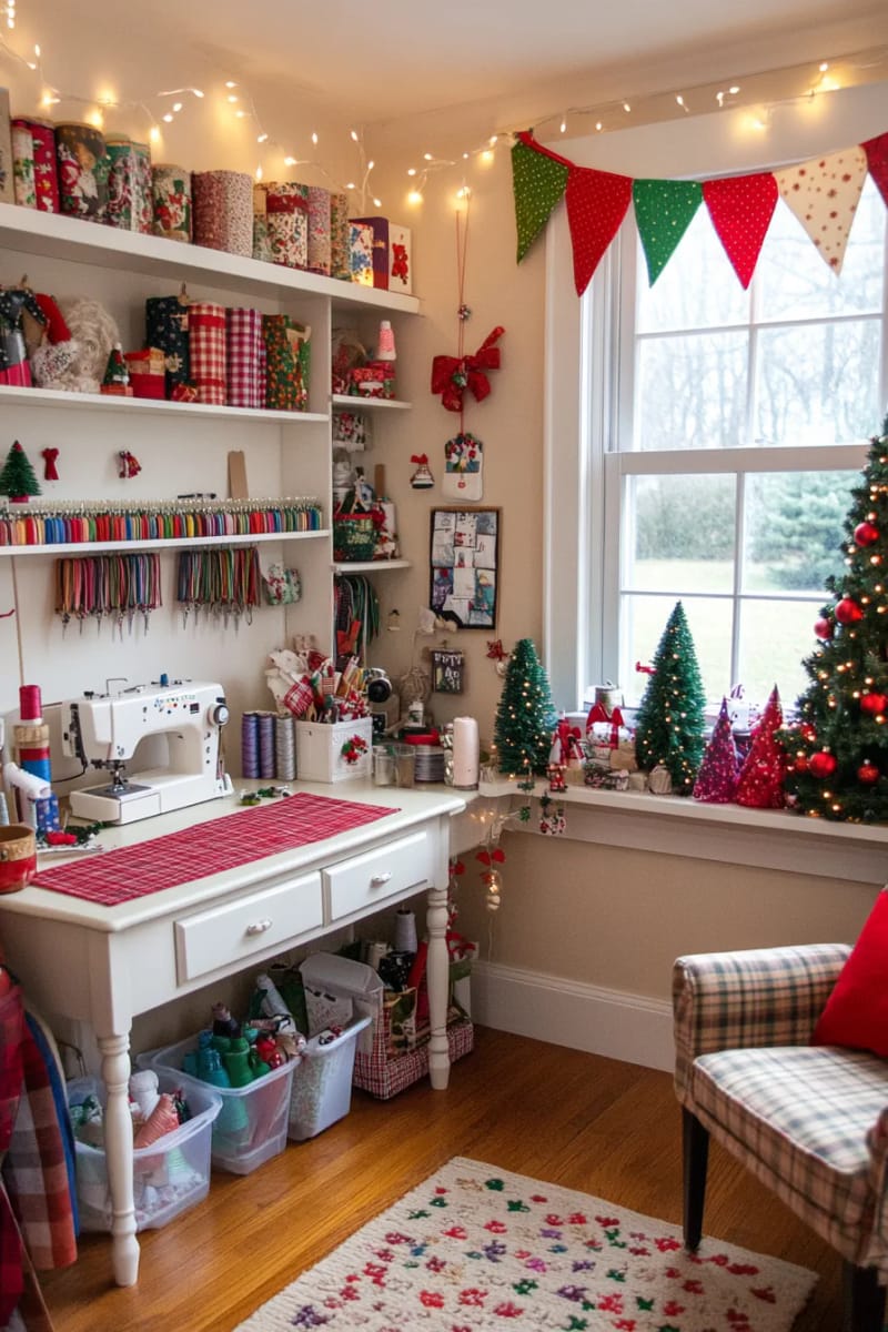 red and green fabric bunting above your sewing table for cozy cheer 1