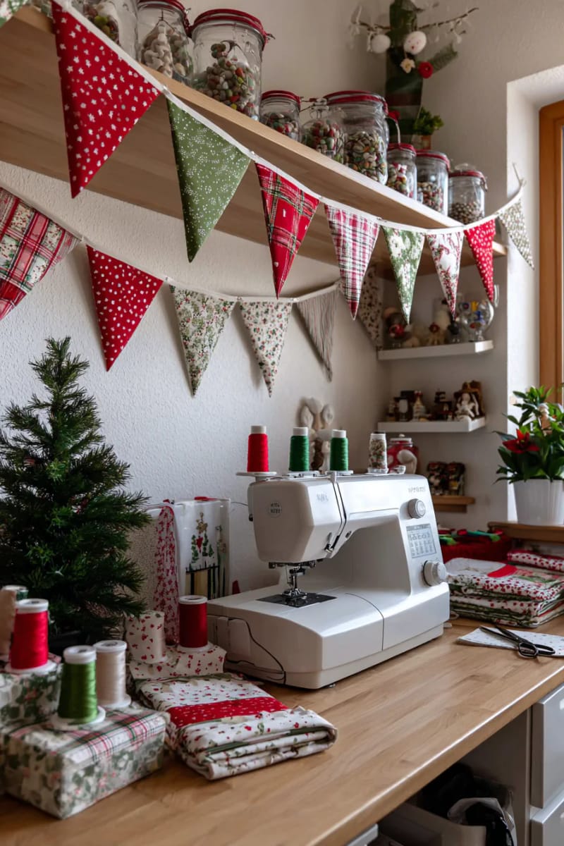 red and green fabric bunting above your sewing table for cozy cheer 1
