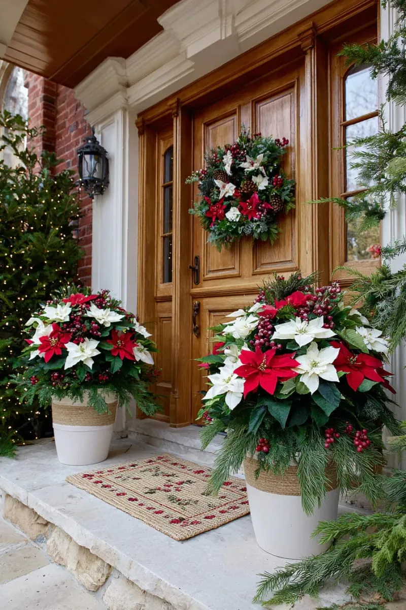 red and white poinsettia planters flanking the entry 1