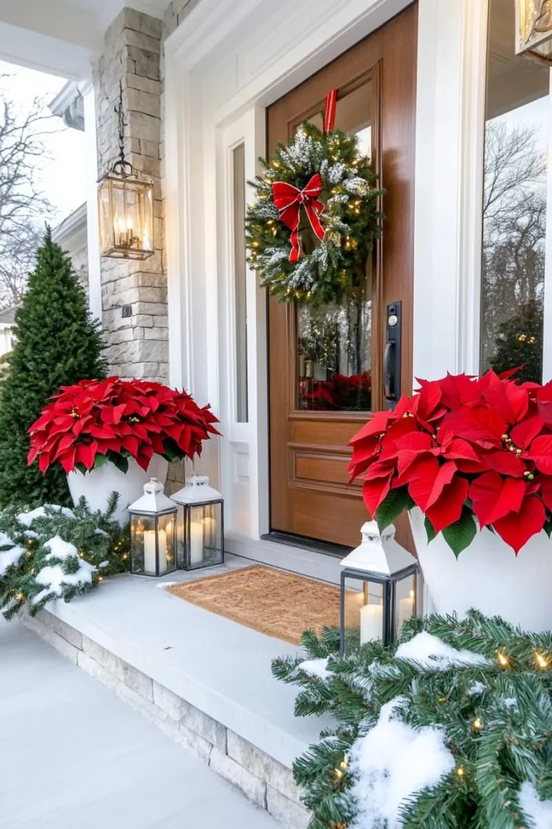red and white poinsettia planters flanking the entry 1