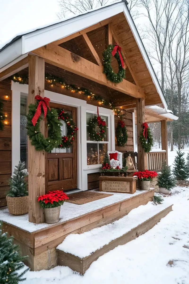 15 She Shed Christmas Decor Ideas For A Unique Winter Wonderland 9 red berry wreaths on windows and doors with natural greenery accents 1