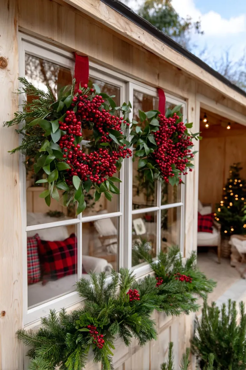 15 She Shed Christmas Decor Ideas For A Unique Winter Wonderland 10 red berry wreaths on windows and doors with natural greenery accents 1
