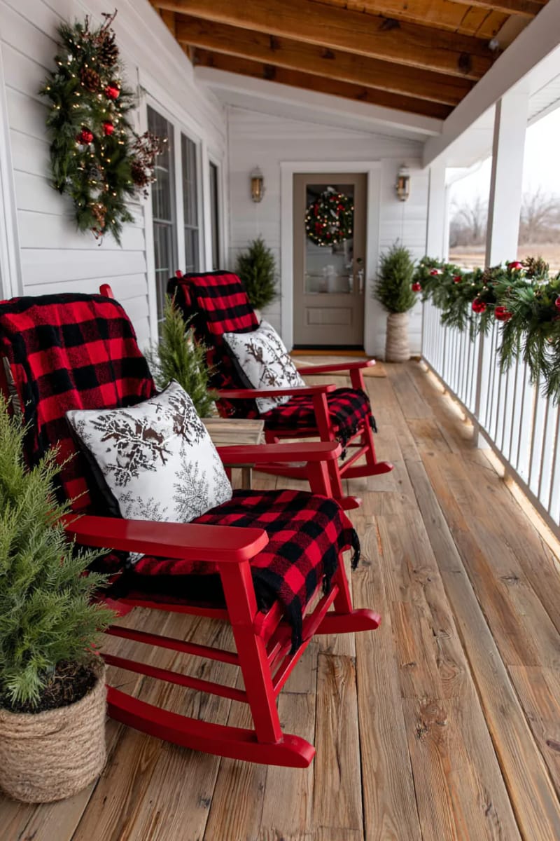 red rocking chairs draped with buffalo plaid blankets and festive pillows 1