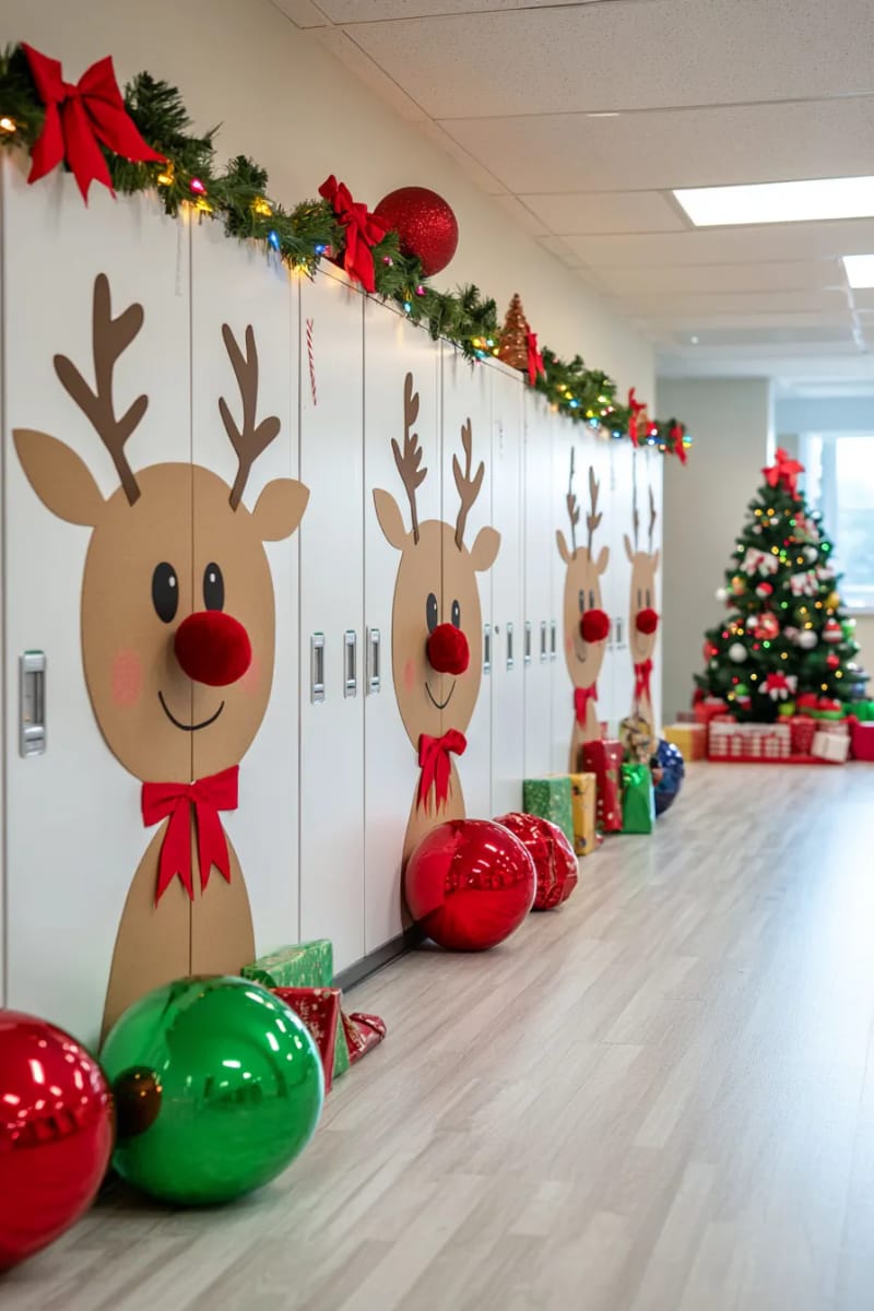 reindeer faces on lockers or cubbies, each with a shiny red pom-pom nose 1