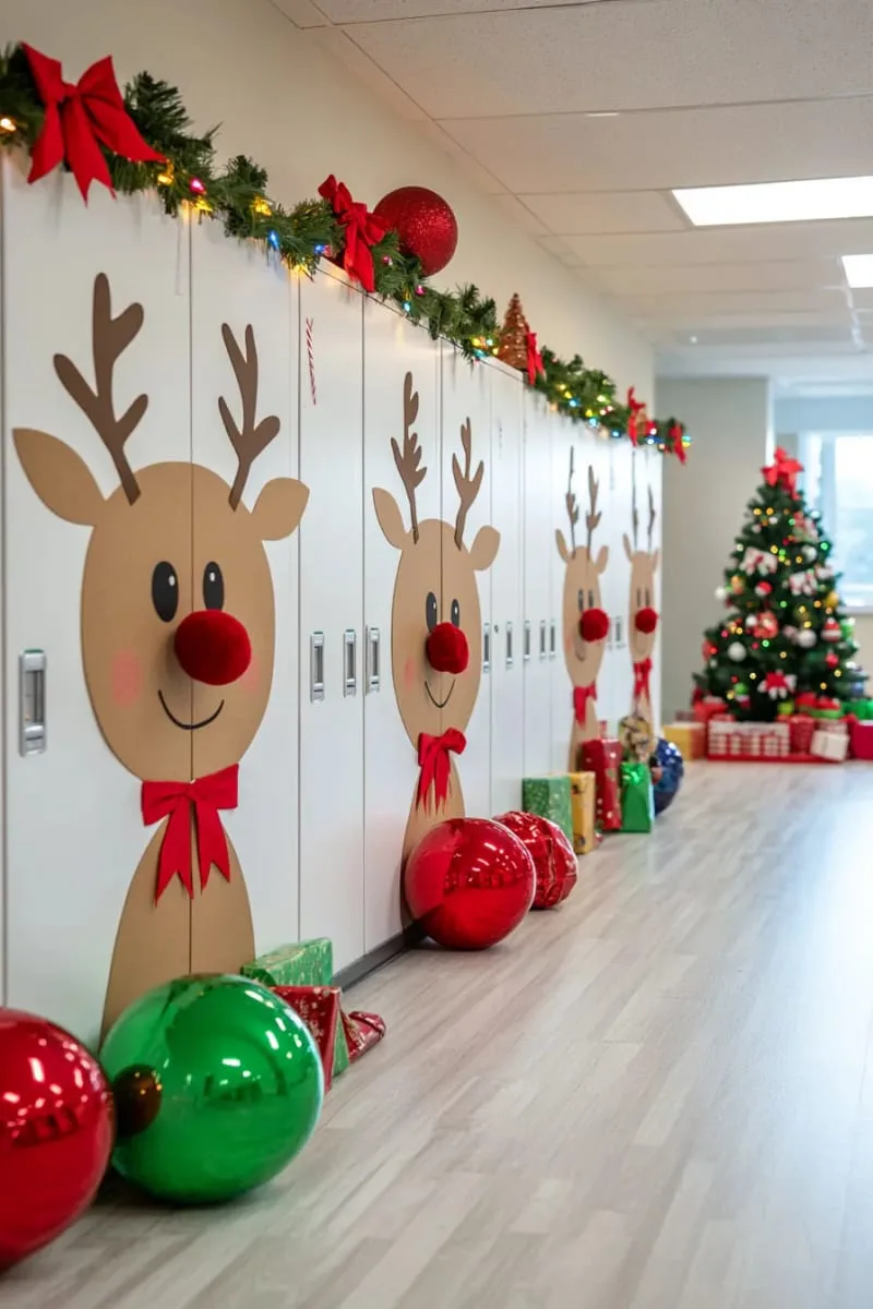21 Festive Classroom Christmas Decor Ideas for a Joyful Season 40 reindeer faces on lockers or cubbies, each with a shiny red pom-pom nose 1