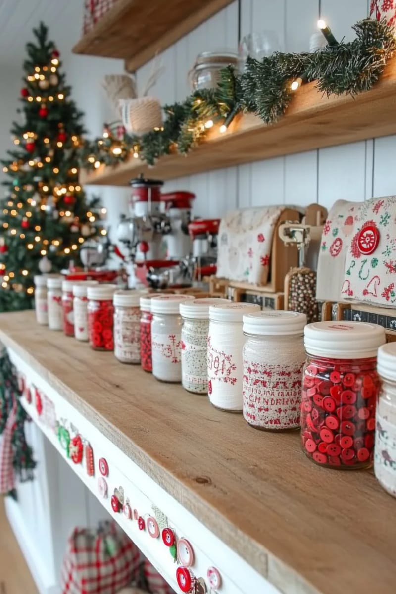 repurposed mason jars filled with red, white, and green buttons 1