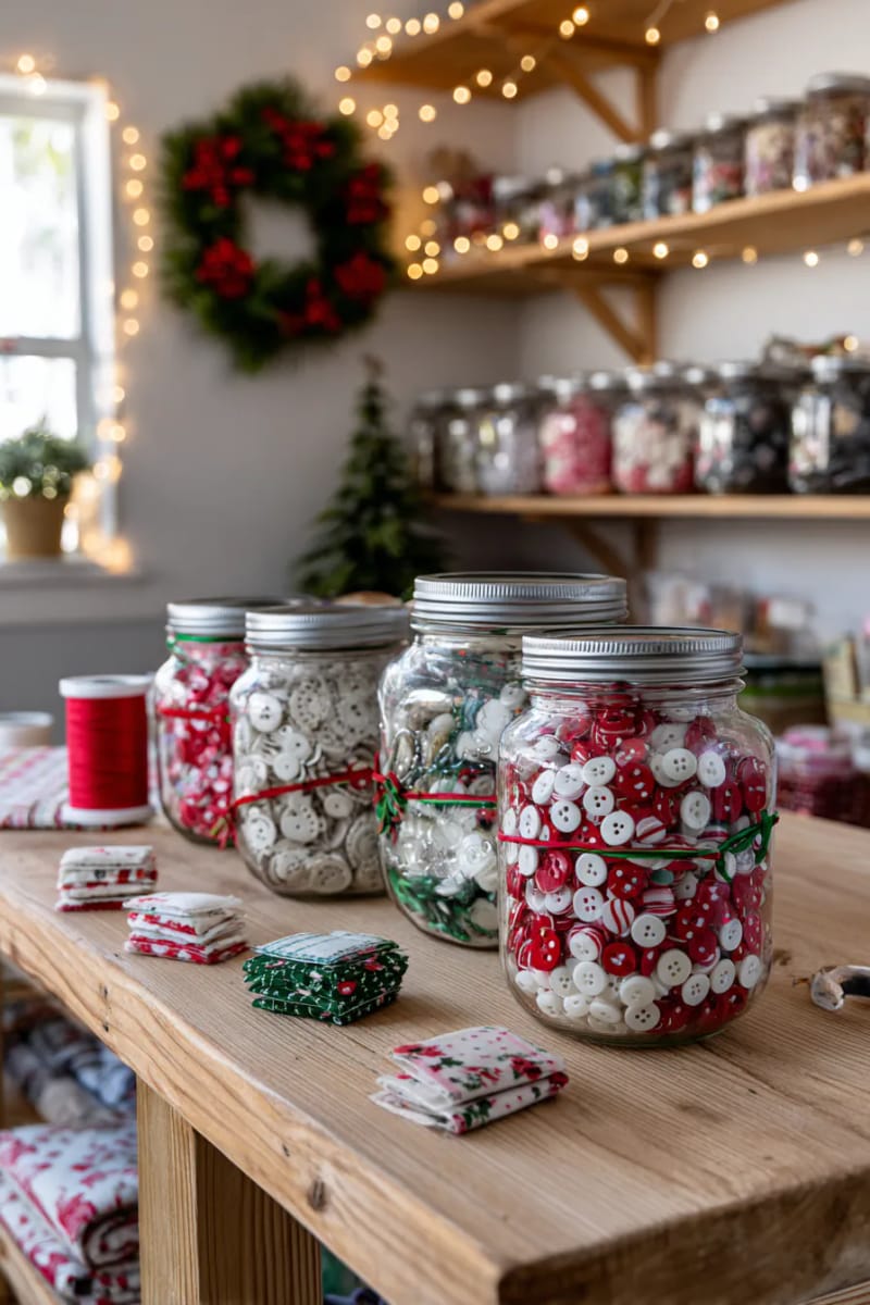 repurposed mason jars filled with red, white, and green buttons 1