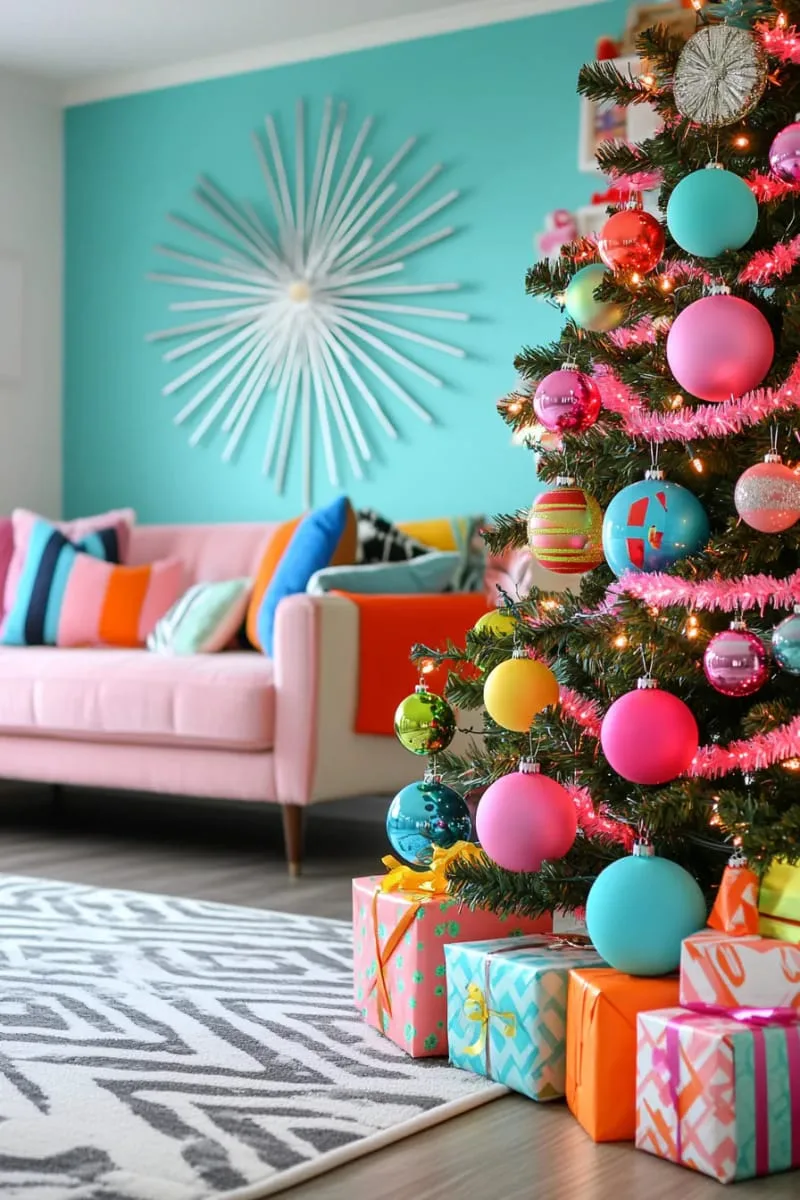 21 Whimsical Colorful Christmas Trees That Wow! 7 retro neon christmas tree with bold ornaments and vintage-style tinsel garlands 1