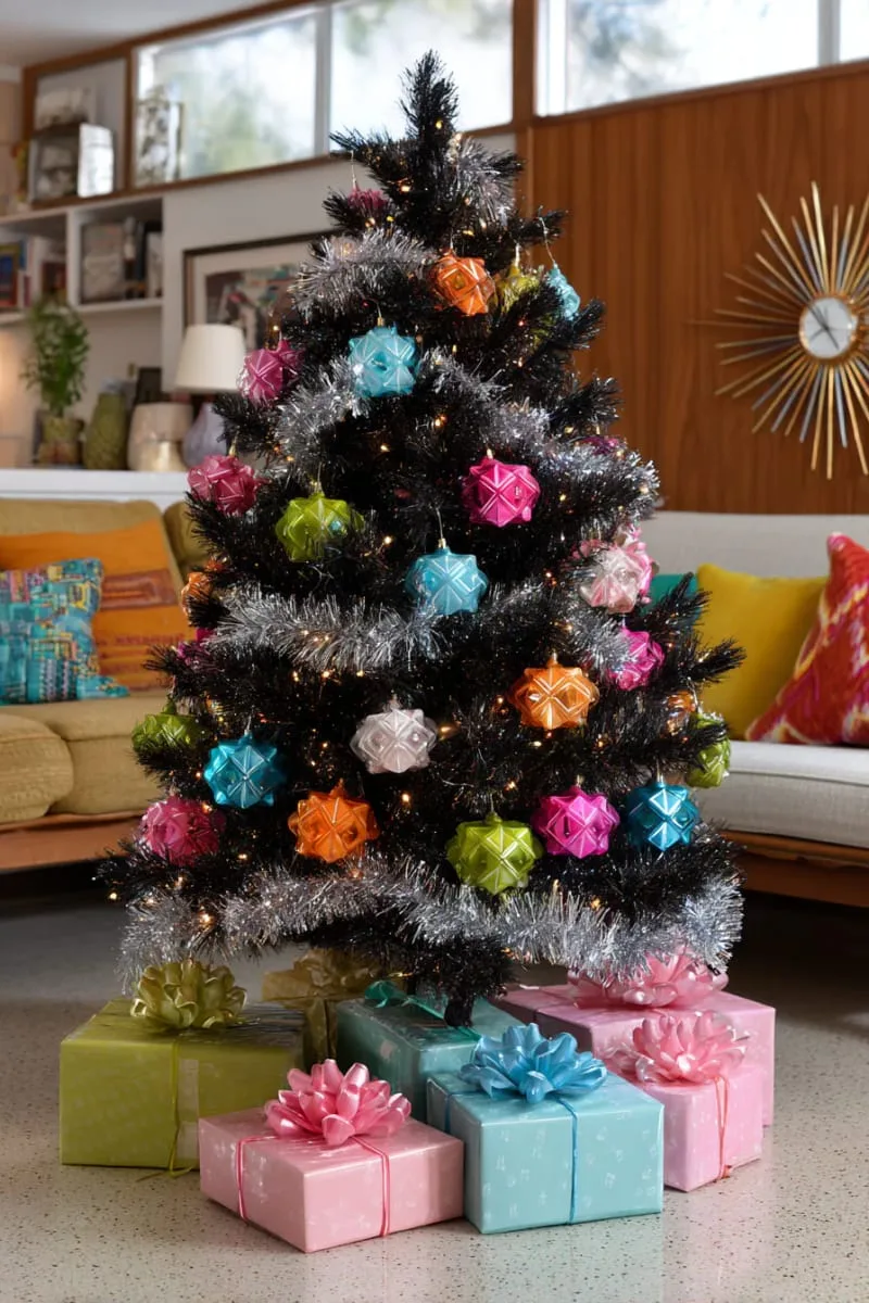 21 Whimsical Colorful Christmas Trees That Wow! 8 retro neon christmas tree with bold ornaments and vintage-style tinsel garlands 1