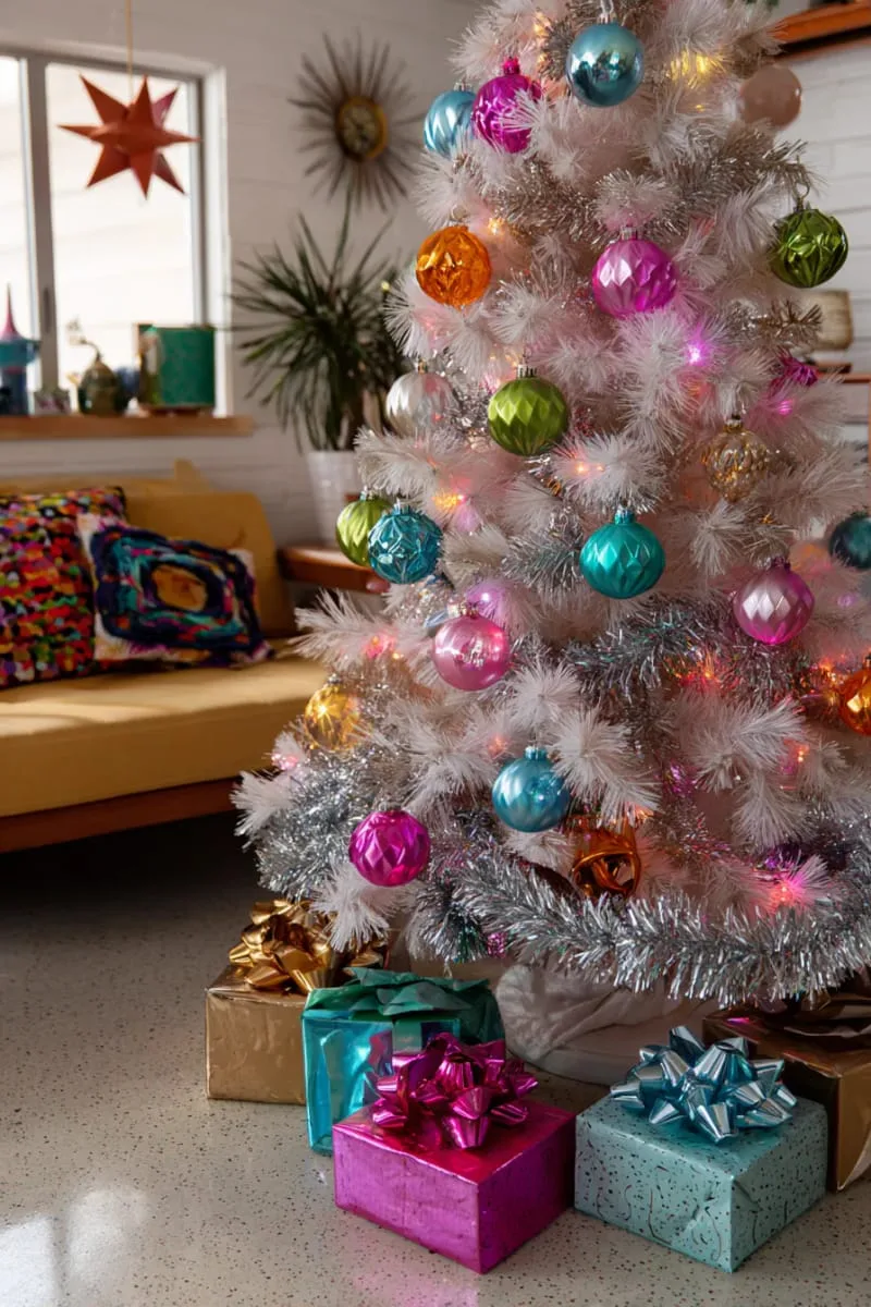 21 Whimsical Colorful Christmas Trees That Wow! 9 retro neon christmas tree with bold ornaments and vintage-style tinsel garlands 1