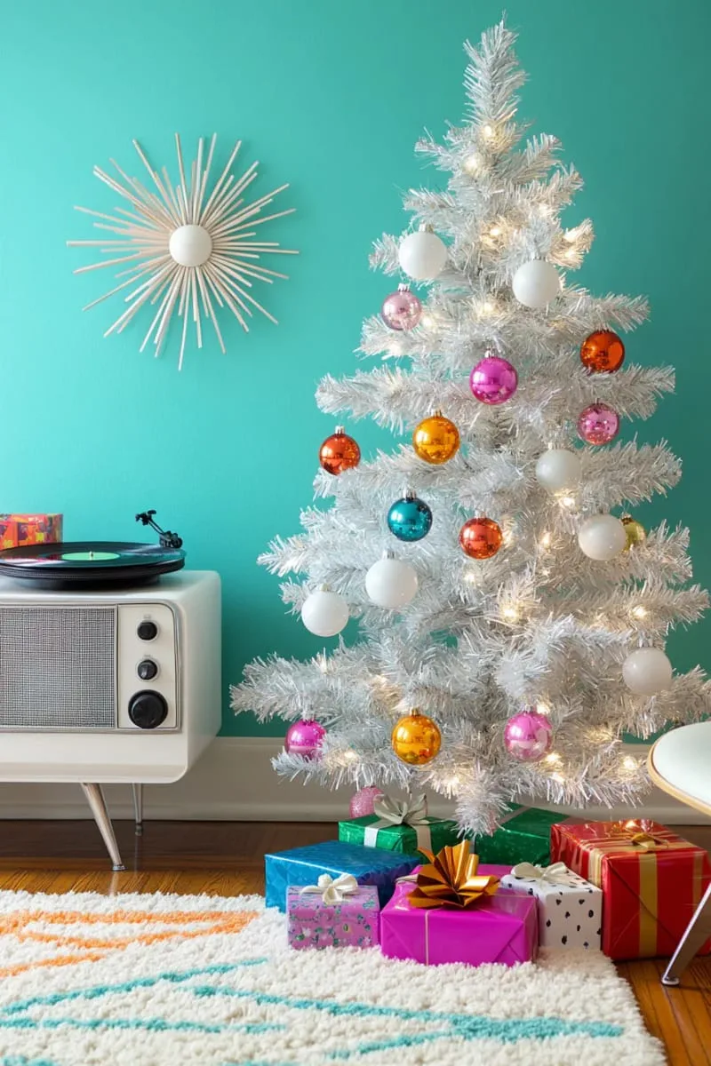 21 Whimsical Colorful Christmas Trees That Wow! 36 retro tinsel tree with bright bulbs and space-age midcentury ornaments 1