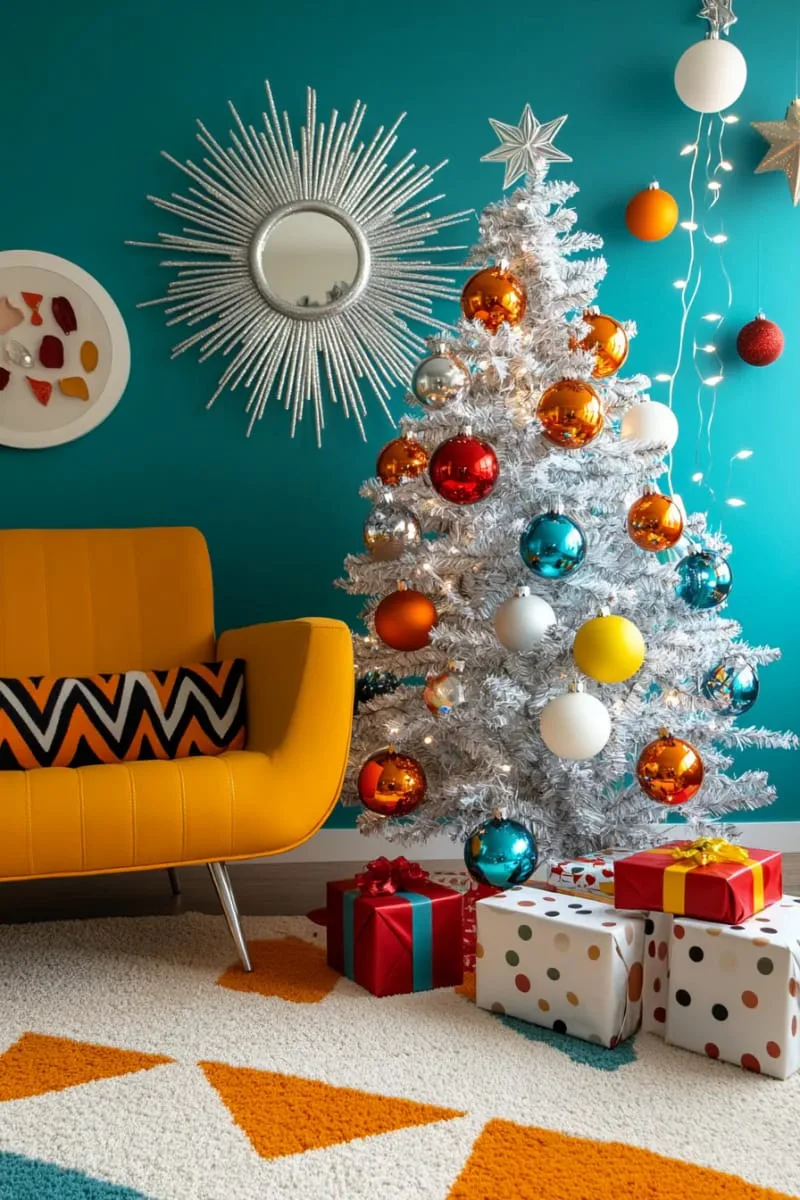 21 Whimsical Colorful Christmas Trees That Wow! 37 retro tinsel tree with bright bulbs and space-age midcentury ornaments 1